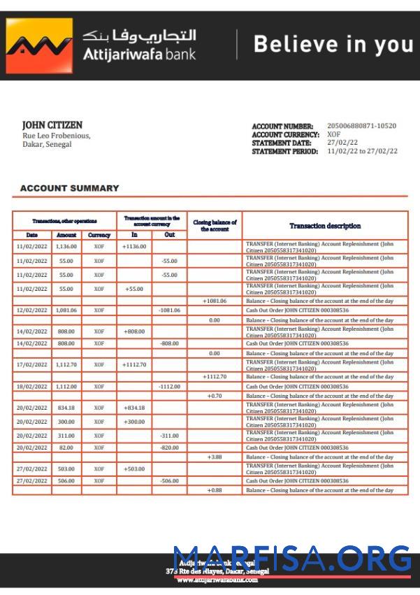 Downloadable Senegal Attijariwafa proof of address statement word download for verification